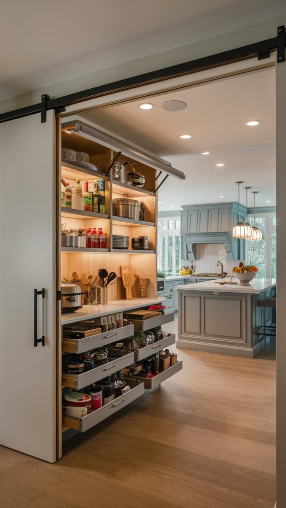 24 Tiny Kitchen Ideas That Make Small Spaces Feel Big and Beautiful 16 Sliding Pantry Storage kitchen for Hidden Organization