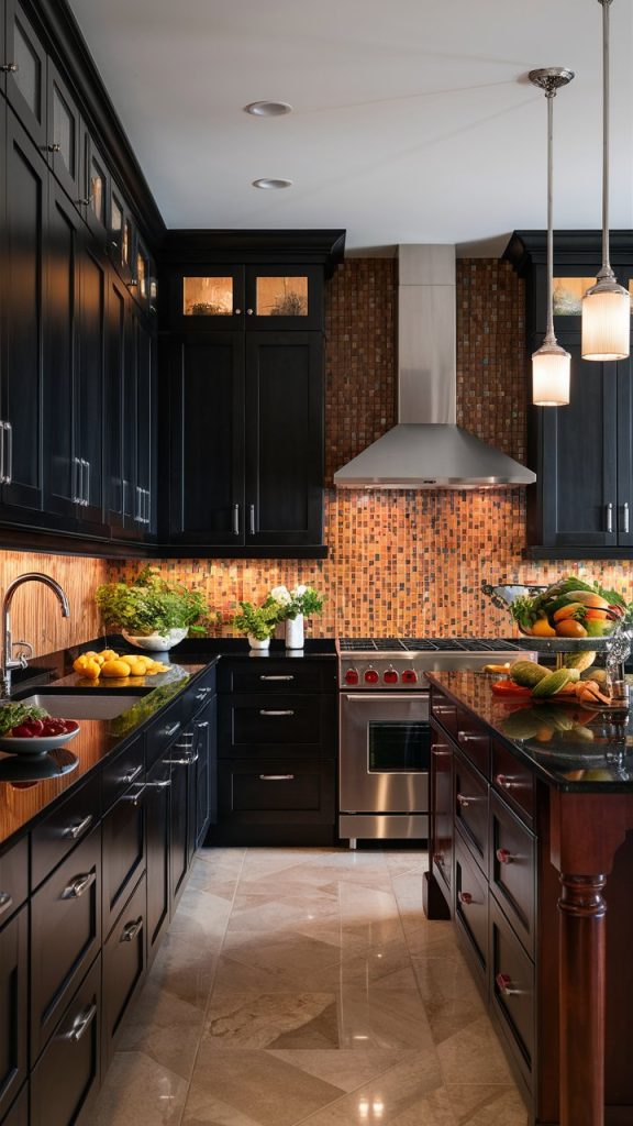 Black Kitchen with Warm Wood Accents