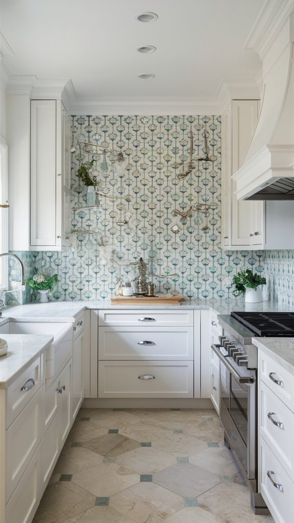 27 Stunning White Kitchen Ideas for Bright, Timeless Spaces 14 White Kitchen with Patterned Tile Accent