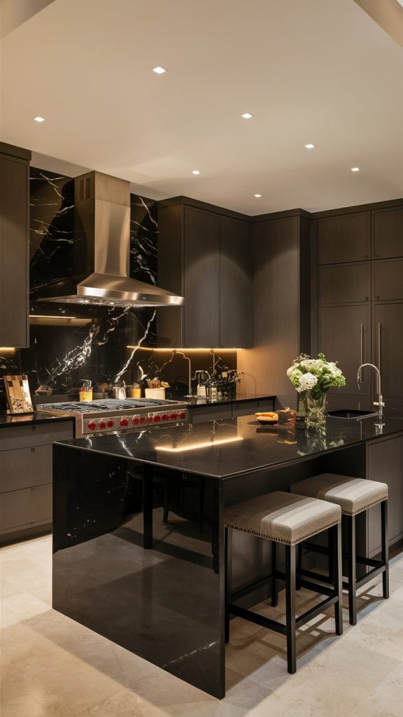 Black Kitchen with Marble Backsplash