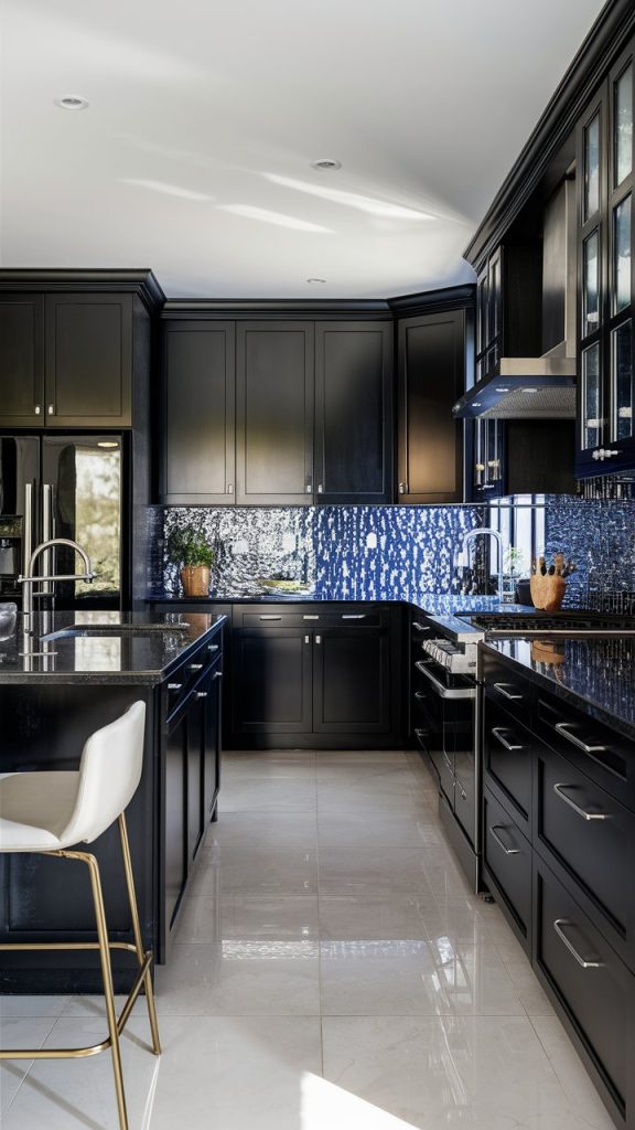 Black Kitchen with Blue Accents