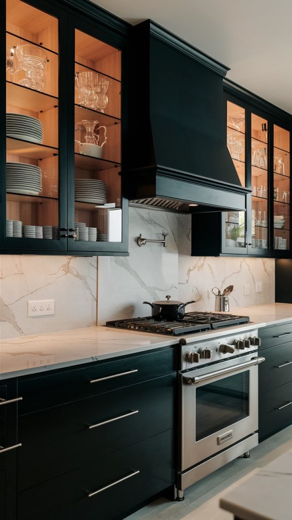 Black Kitchen with Glass Front Cabinets