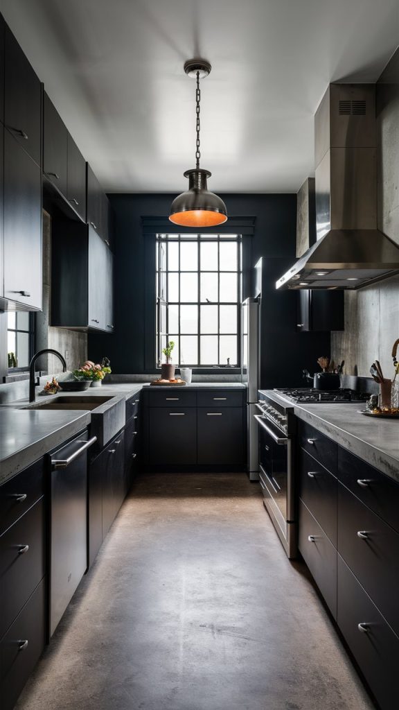 Black Kitchen with Concrete Countertops