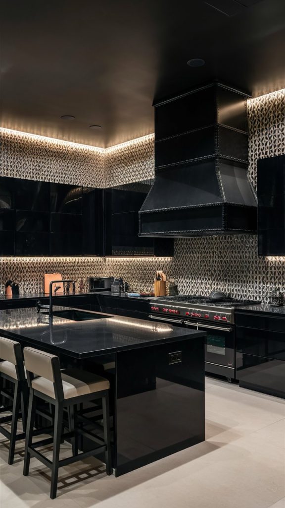 Black Kitchen with Subtle Lighting Layers