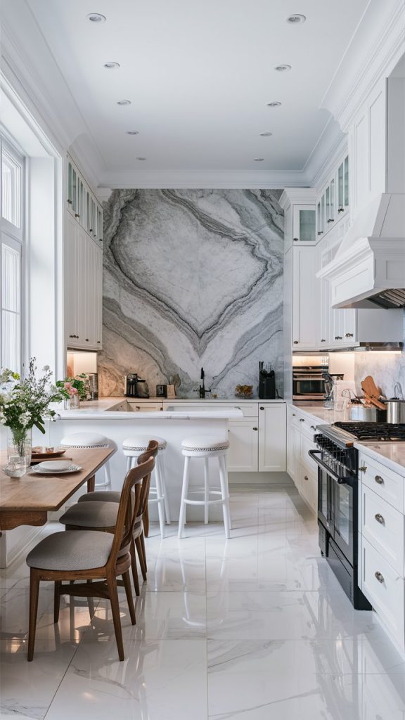 27 Stunning White Kitchen Ideas for Bright, Timeless Spaces 8 White Kitchen with Marble Backsplash