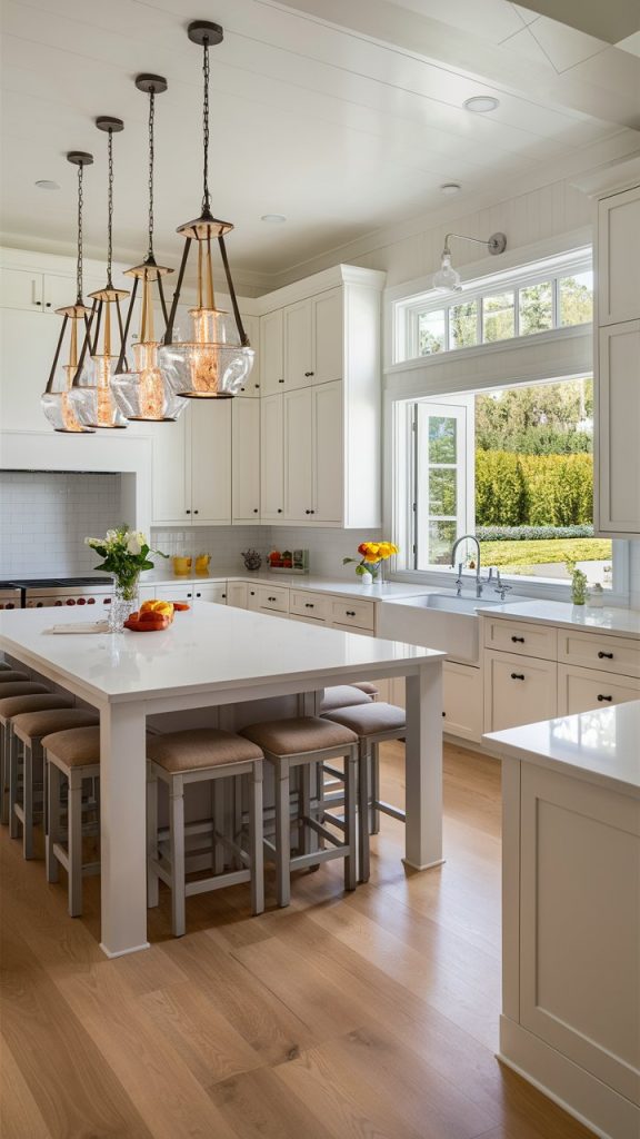27 Stunning White Kitchen Ideas for Bright, Timeless Spaces 11 White Kitchen with Bold Pendant Lighting