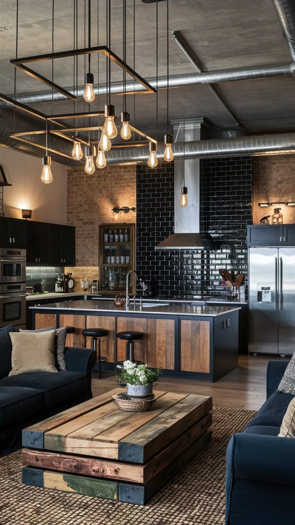 22 Stylish Living Room and Kitchen Combo Ideas for a Beautiful Open-Concept Home 7 Industrial Chic KITCHEN AND LIVING ROOM COMBO with Bold Details