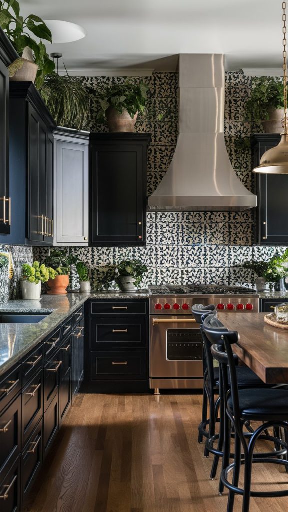 Black Cabinets kitchen with Greenery Accents