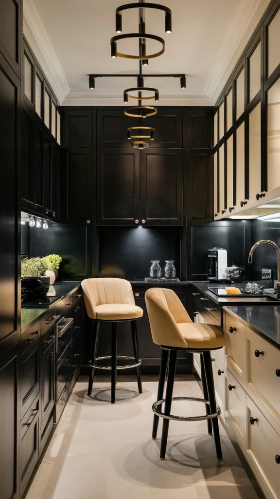 Black Kitchen with Cream Bar Stools