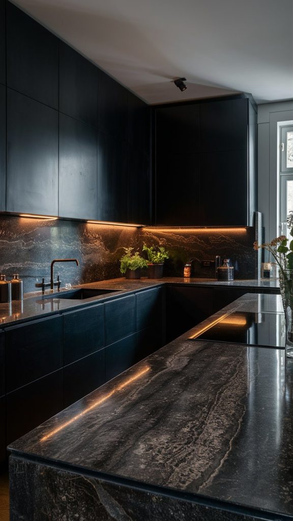 Black Kitchen with Natural Stone Countertops