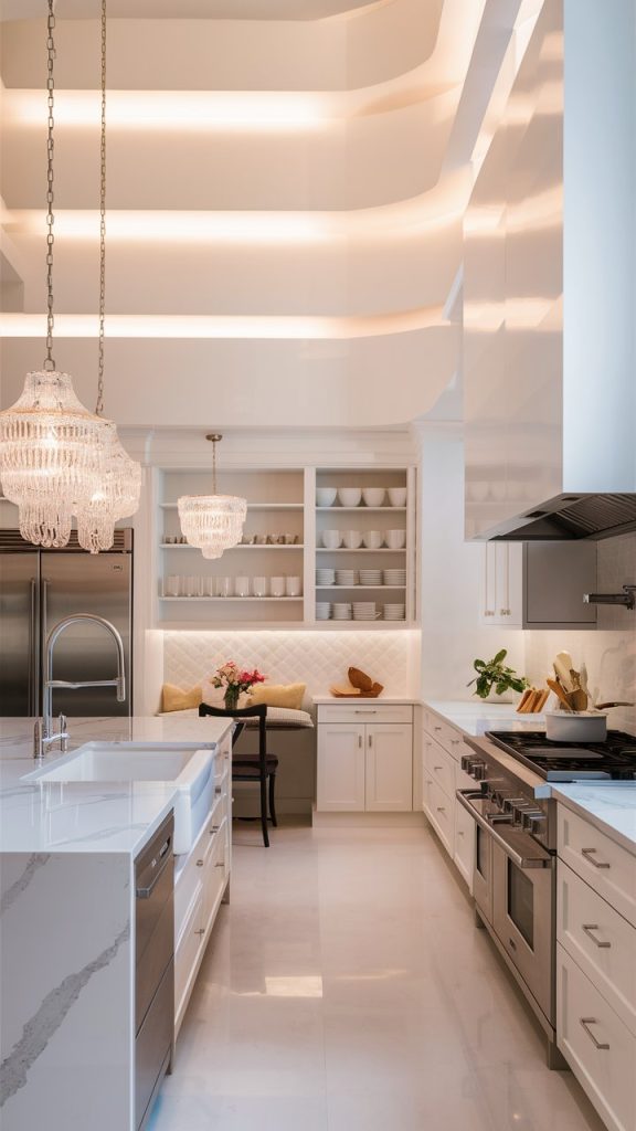 27 Stunning White Kitchen Ideas for Bright, Timeless Spaces 28 White Kitchen with Soft Lighting Layers