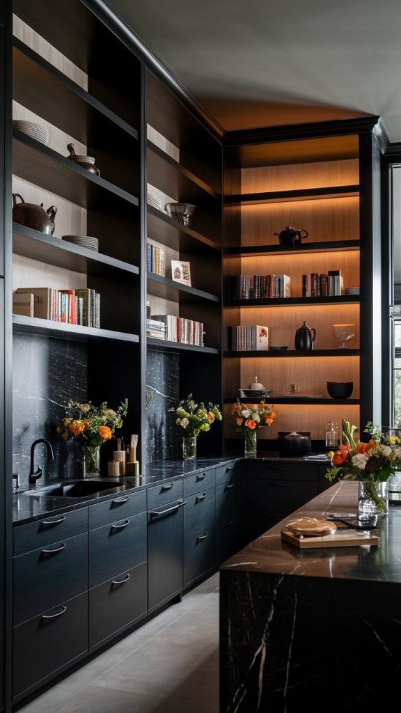 Black Kitchen with Open Shelving