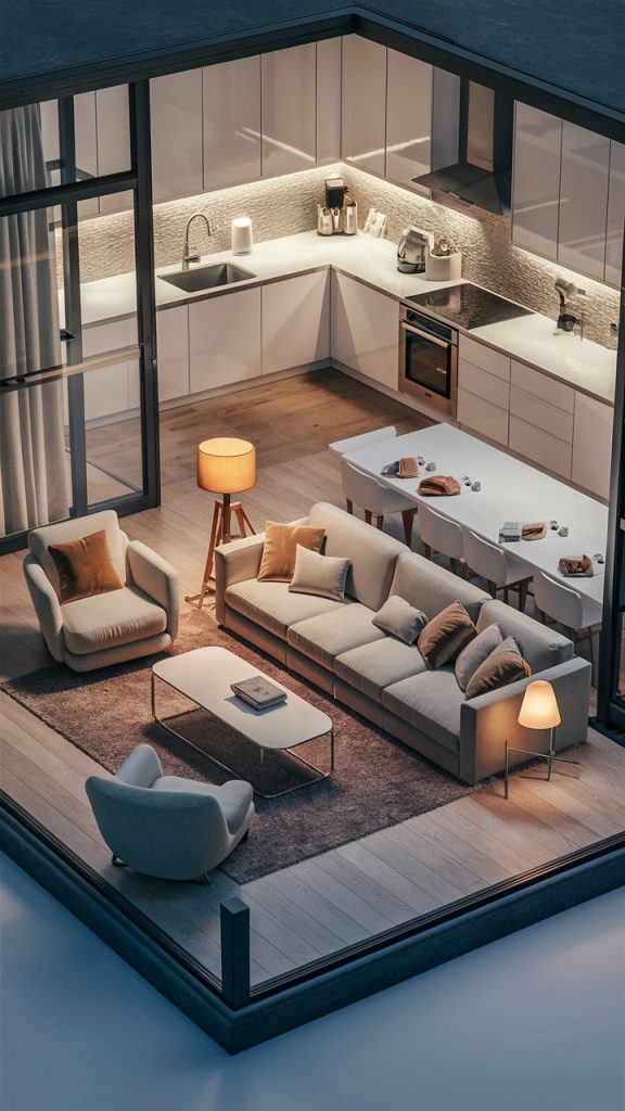 22 Stylish Living Room and Kitchen Combo Ideas for a Beautiful Open-Concept Home 22 Soft Neutral Sanctuary