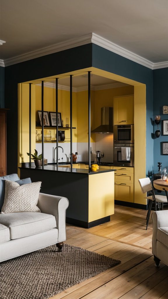 22 Stylish Living Room and Kitchen Combo Ideas for a Beautiful Open-Concept Home 3 Cozy Contrast with Color Zoning kitchen and living room combo