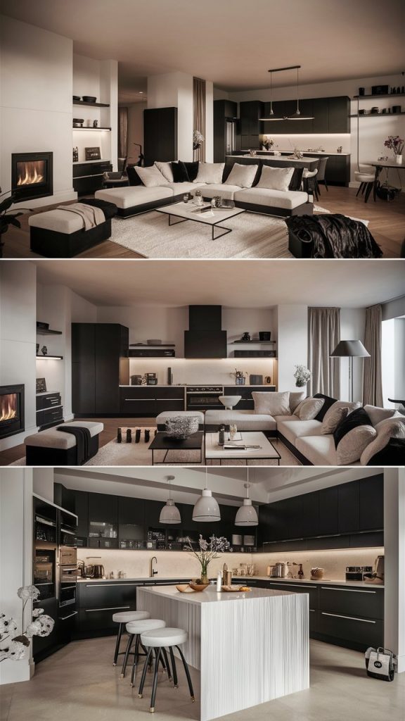 22 Stylish Living Room and Kitchen Combo Ideas for a Beautiful Open-Concept Home 8 Minimalist Monochrome Magic kitchen and living room combo