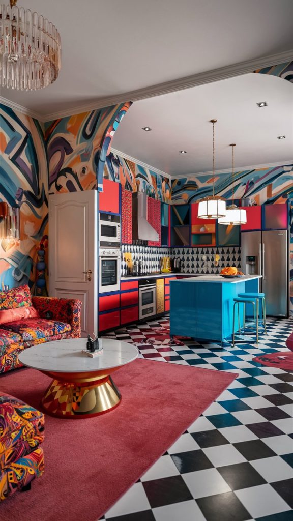 22 Stylish Living Room and Kitchen Combo Ideas for a Beautiful Open-Concept Home 12 Bold Pattern Play kitchen and living room combo