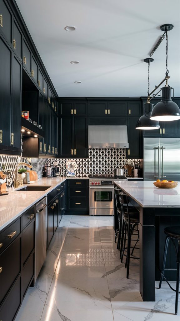 Black Cabinet kitchen with Brass Hardware