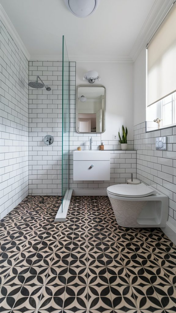 19 White Bathroom Ideas 5 Modern bathroom with stylish tiles.