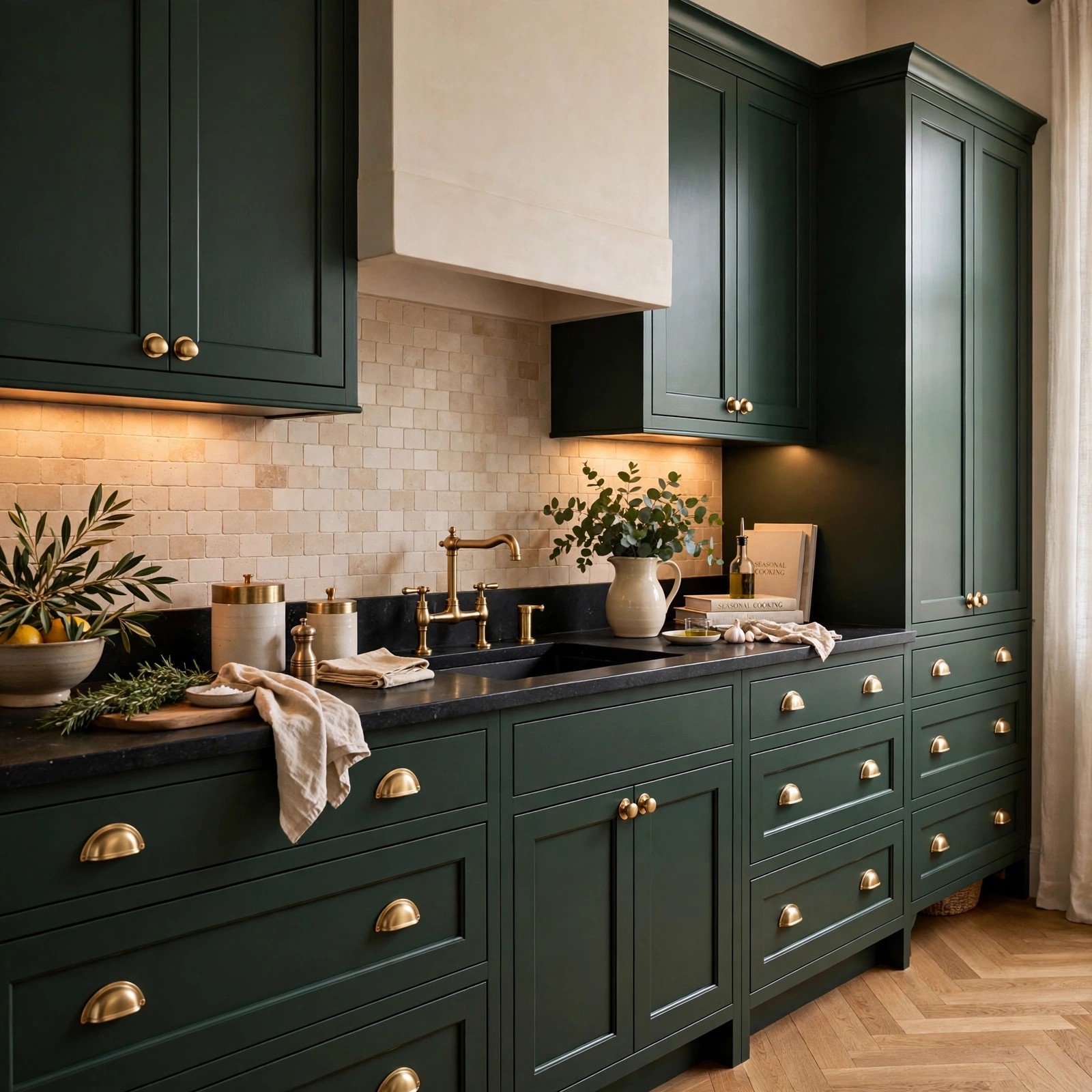 Dark cottagecore kitchen ideas: deep forest-green shaker cabinets with brass hardware