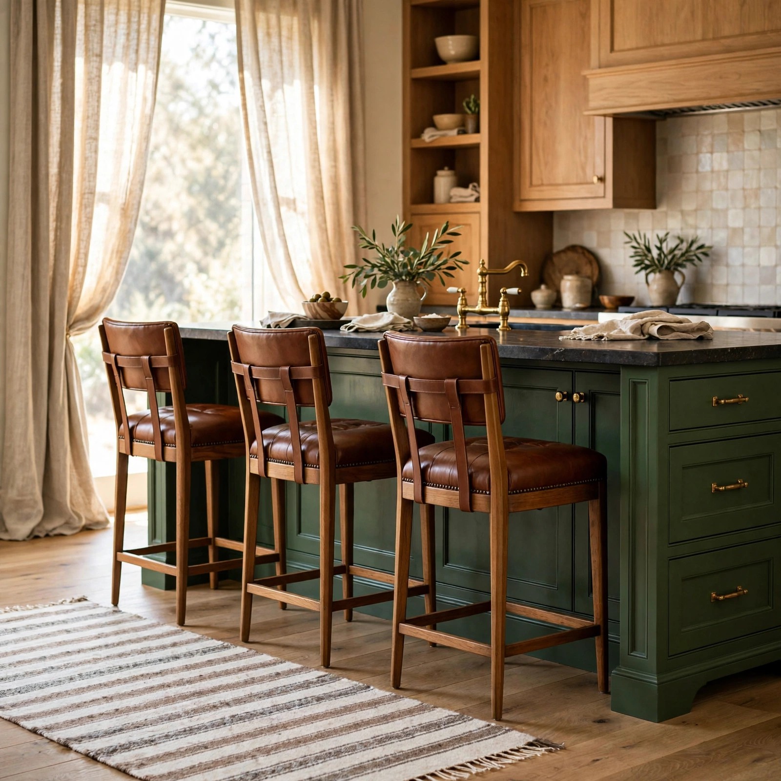 Linen and wool textiles in a dark kitchen