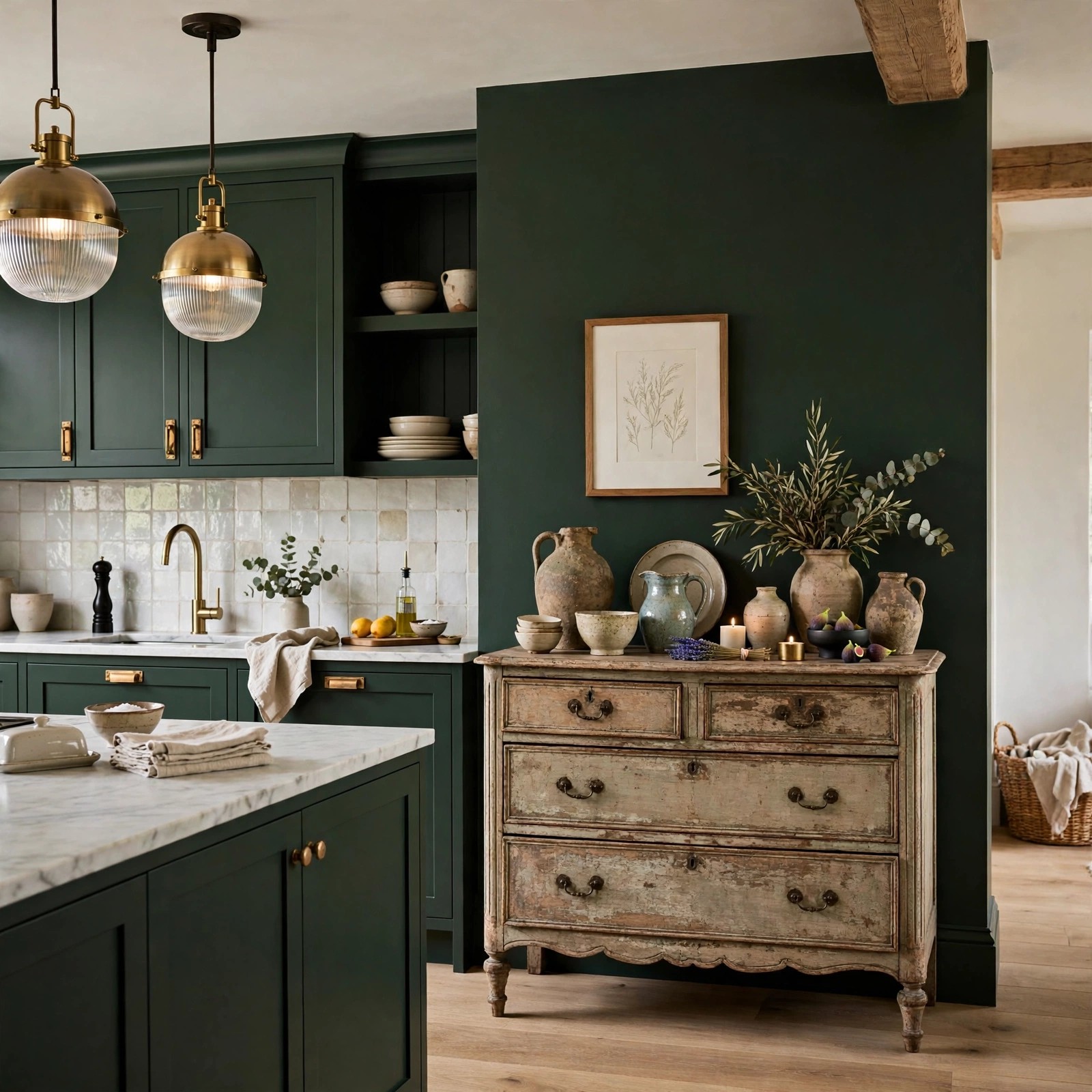 Vintage wooden dresser in a dark cottagecore kitchen