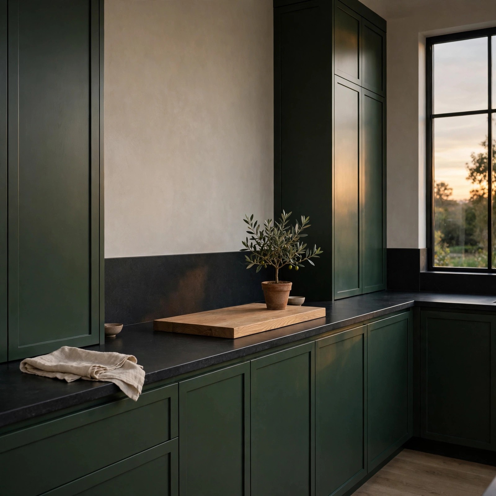 Dark cottagecore kitchen ideas: clear dark stone kitchen counters
