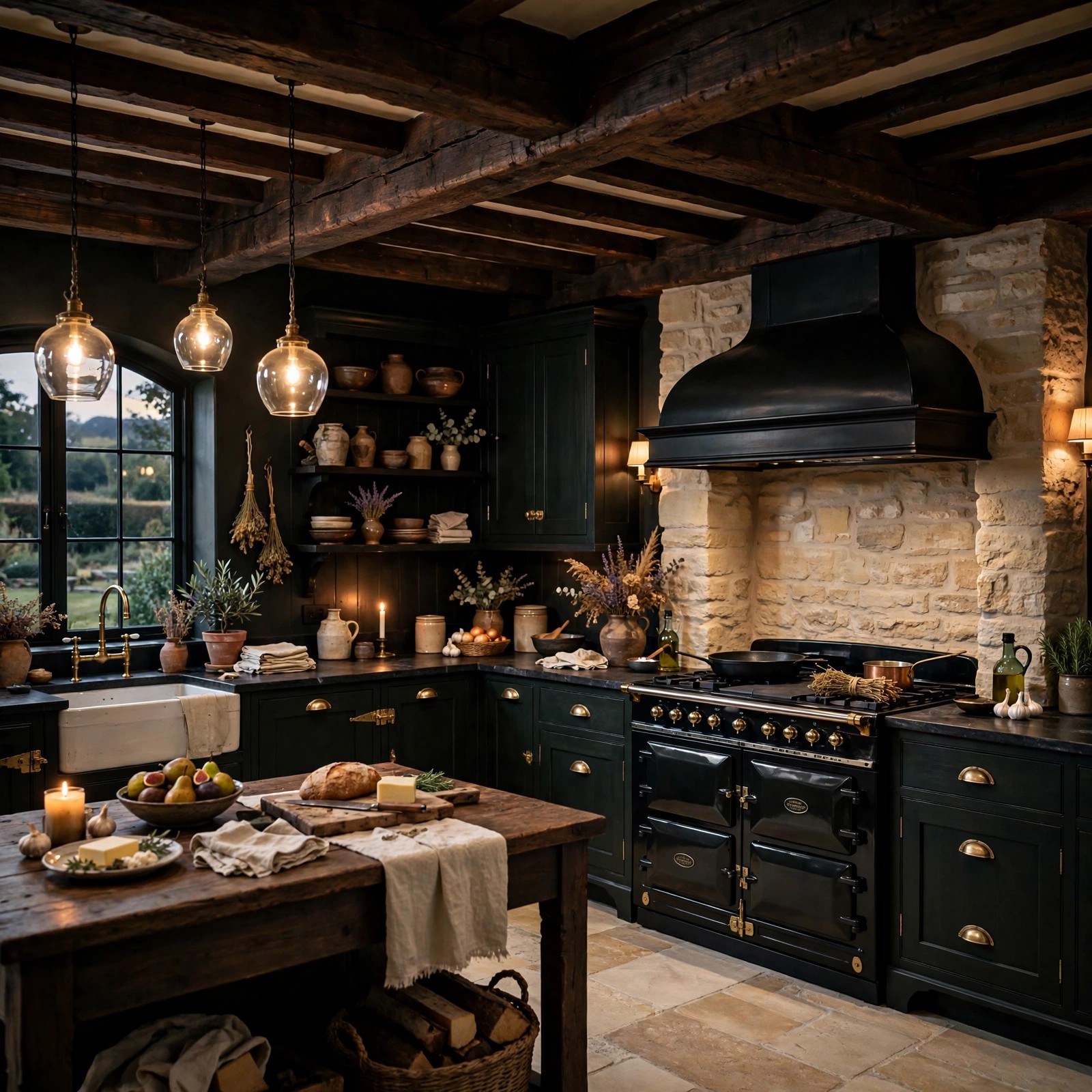 Exposed wooden beams in a dark kitchen