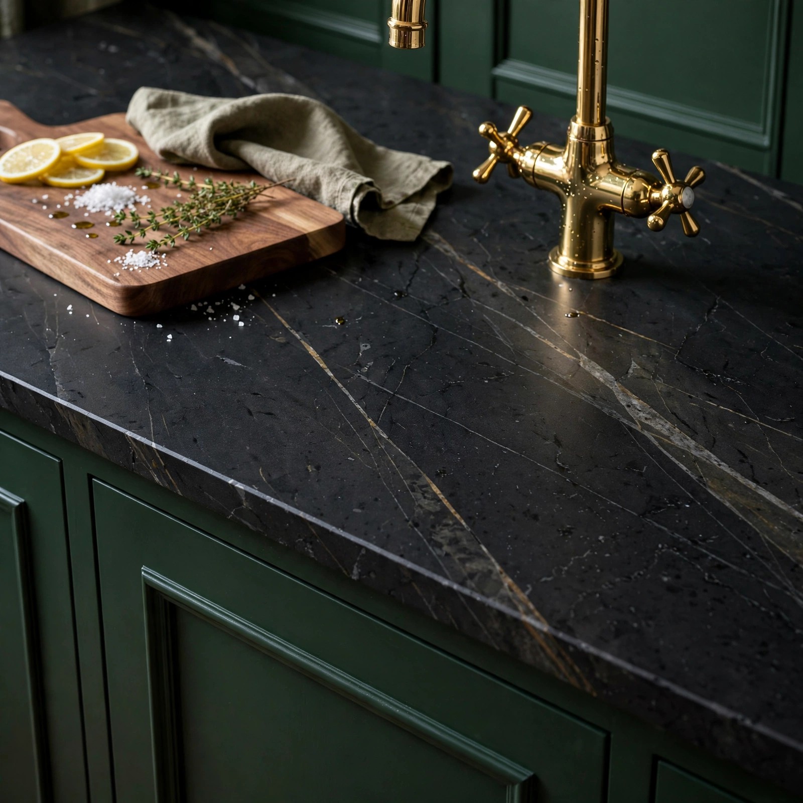 Honed black stone kitchen worktop