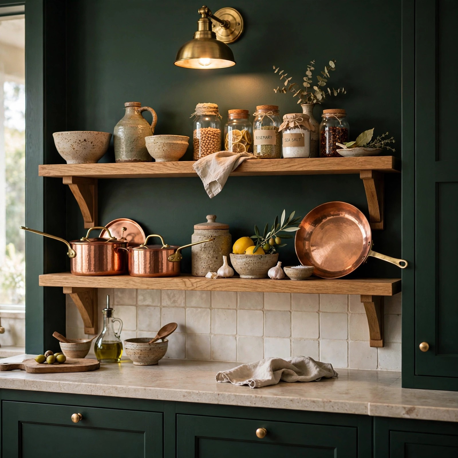 Open timber kitchen shelves styled like a pantry