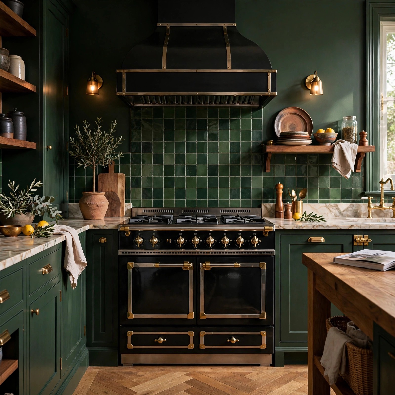 Dark cottagecore kitchen ideas: black range cooker in a dark green kitchen