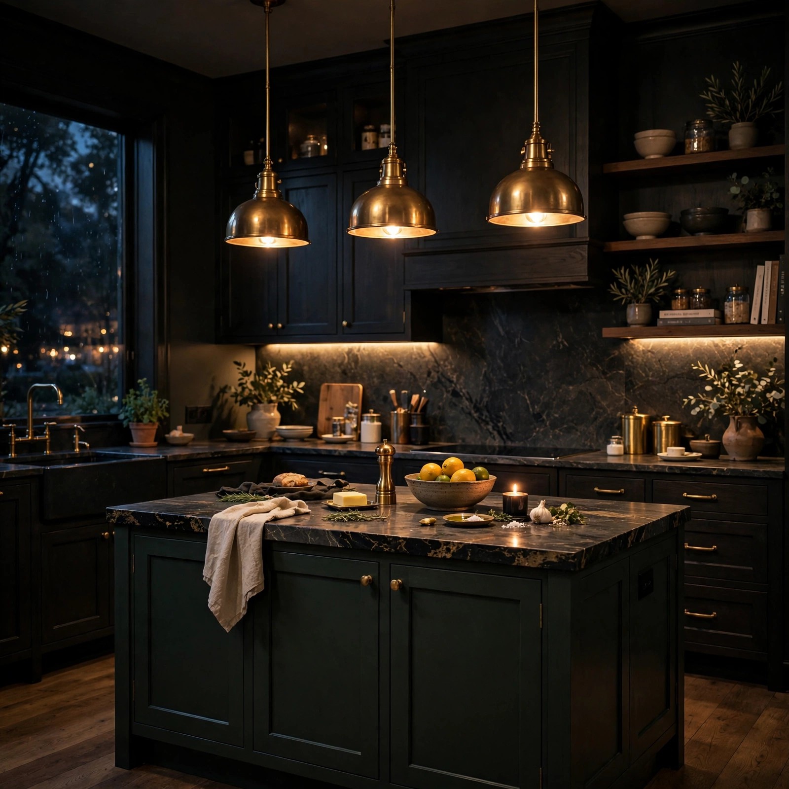 Warm low pendant lighting in a dark kitchen