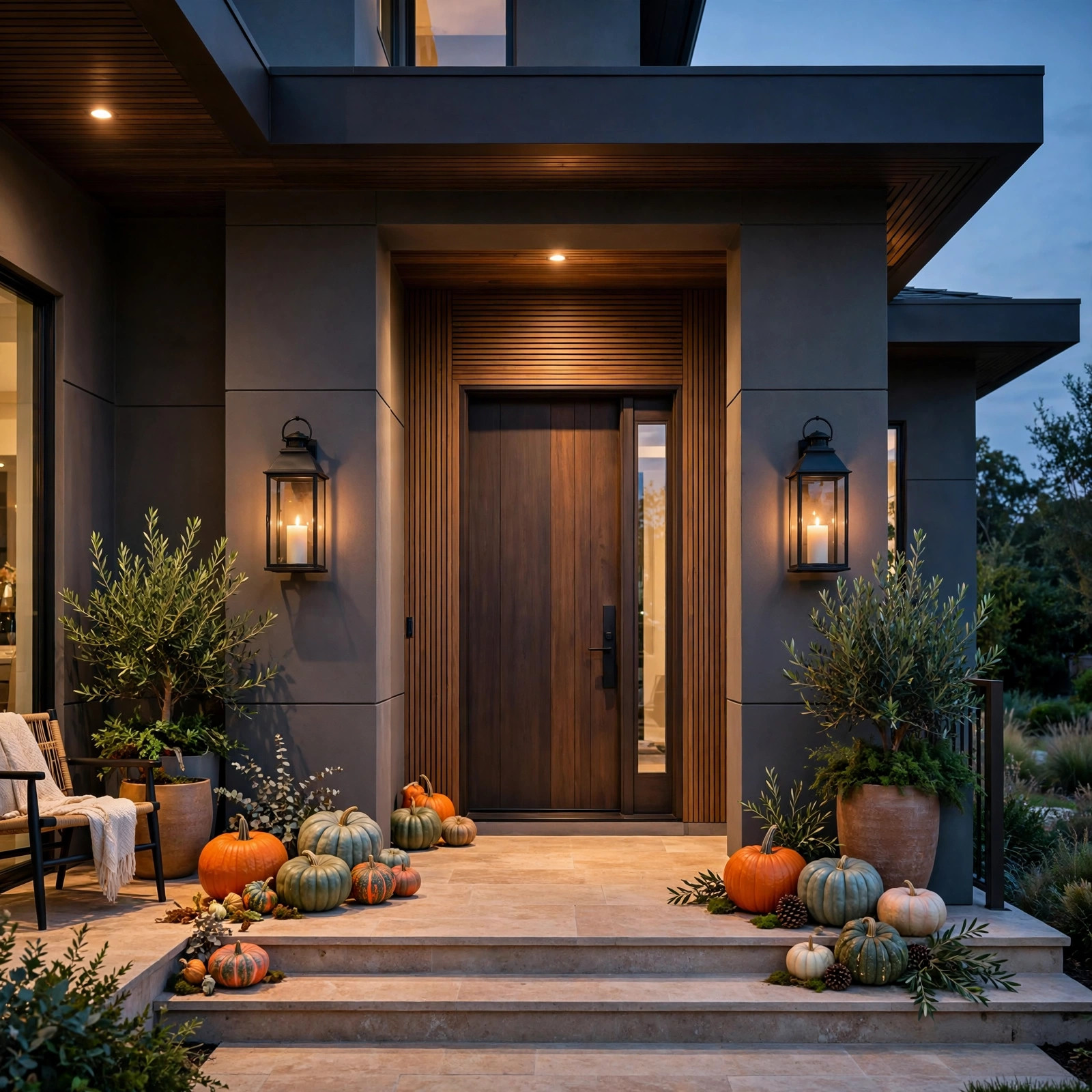 Black lanterns with lit candles flanking a front door at dusk
