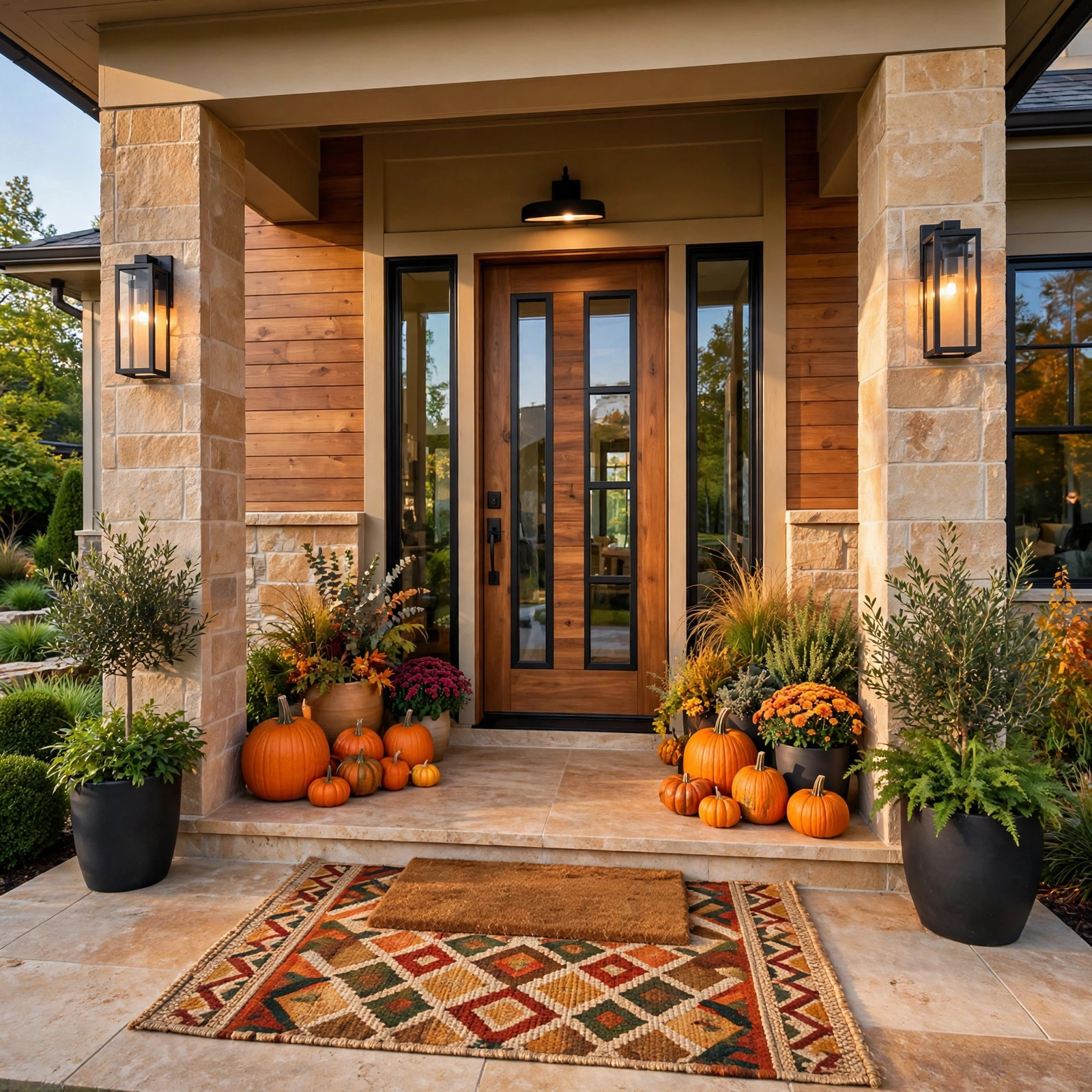 Layered doormat with patterned rug underneath on a porch
