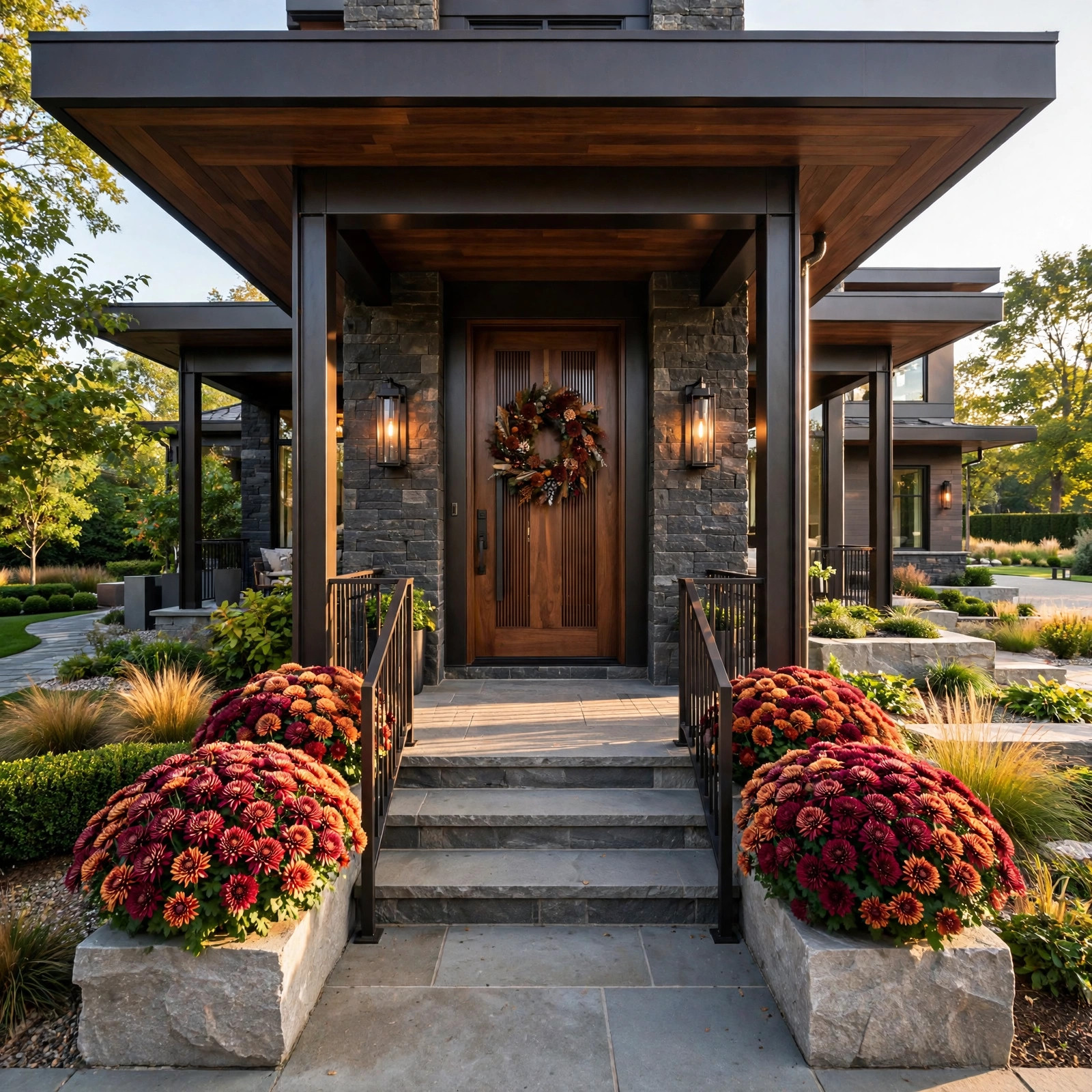 Burgundy mums in stone planters flanking porch steps