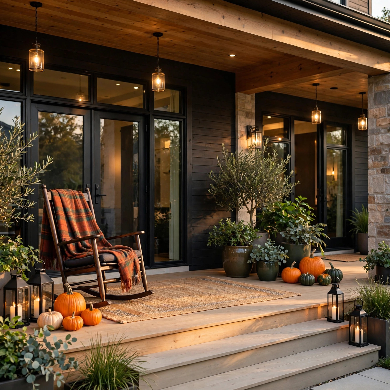 Wool plaid throw draped over a porch rocking chair