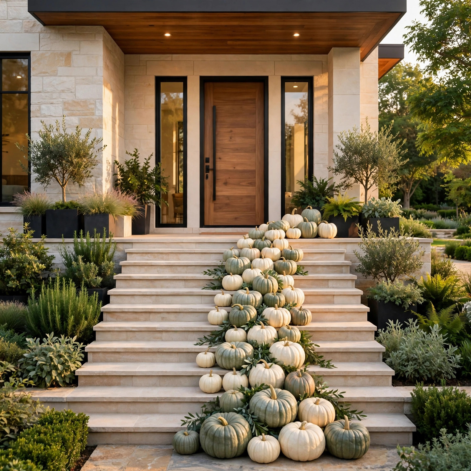Pumpkins cascading down porch steps in graduated sizes