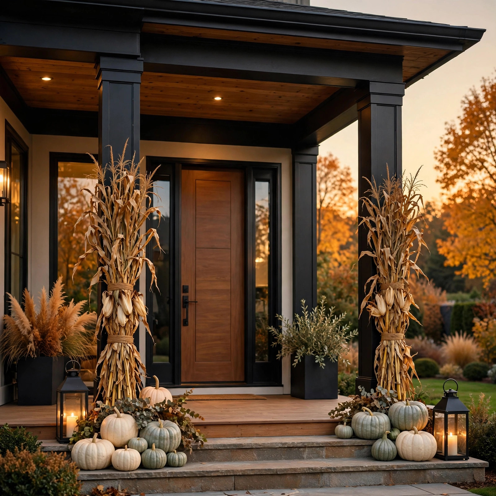 Dried corn stalks tied to porch columns with twine