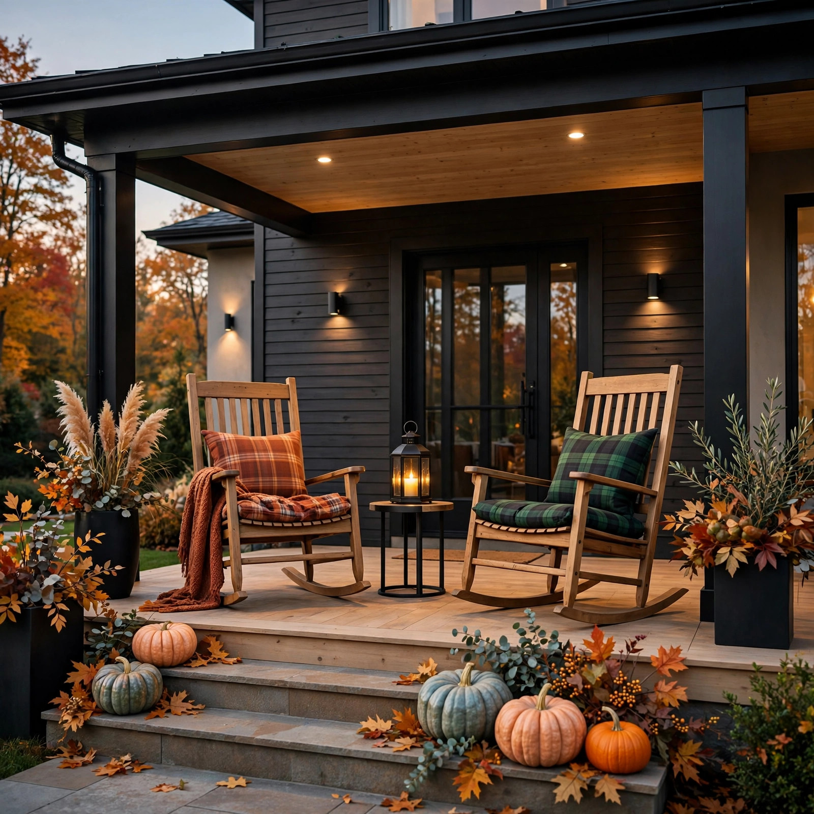 Pair of rocking chairs with plaid cushions on a fall porch