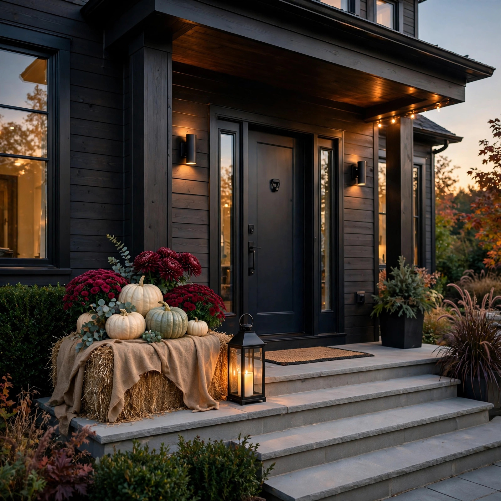 Hay bale with pumpkins and mums as a porch display