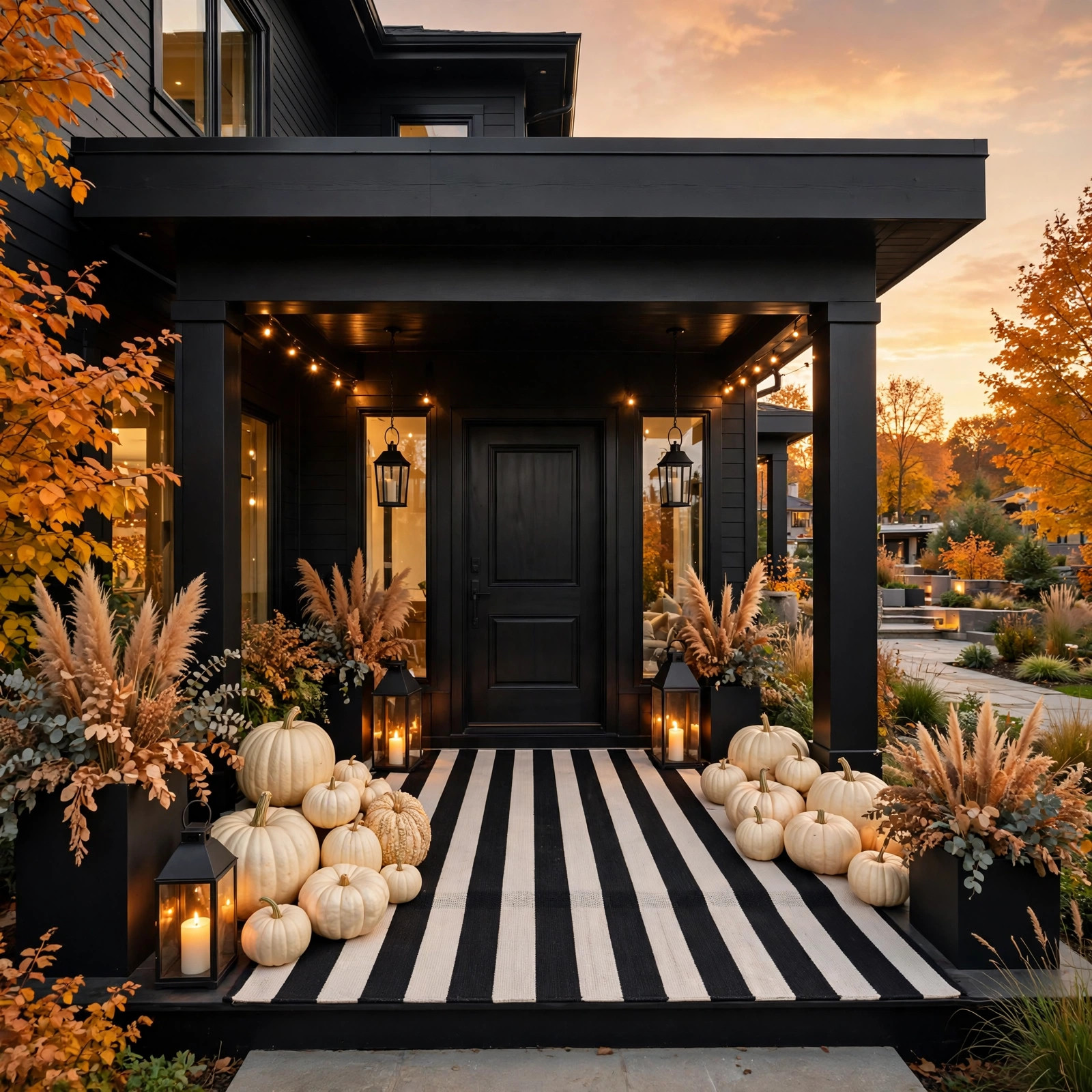Black and cream fall porch with graphic high contrast