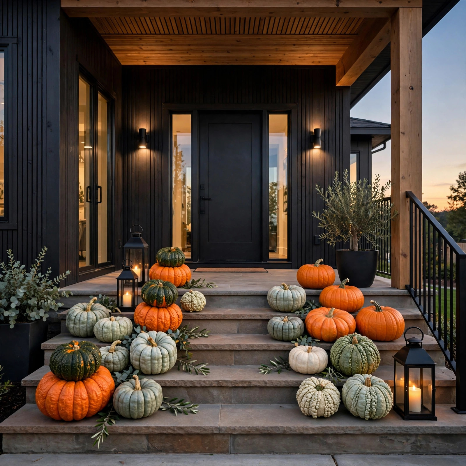 Assorted unusual gourds displayed on a porch
