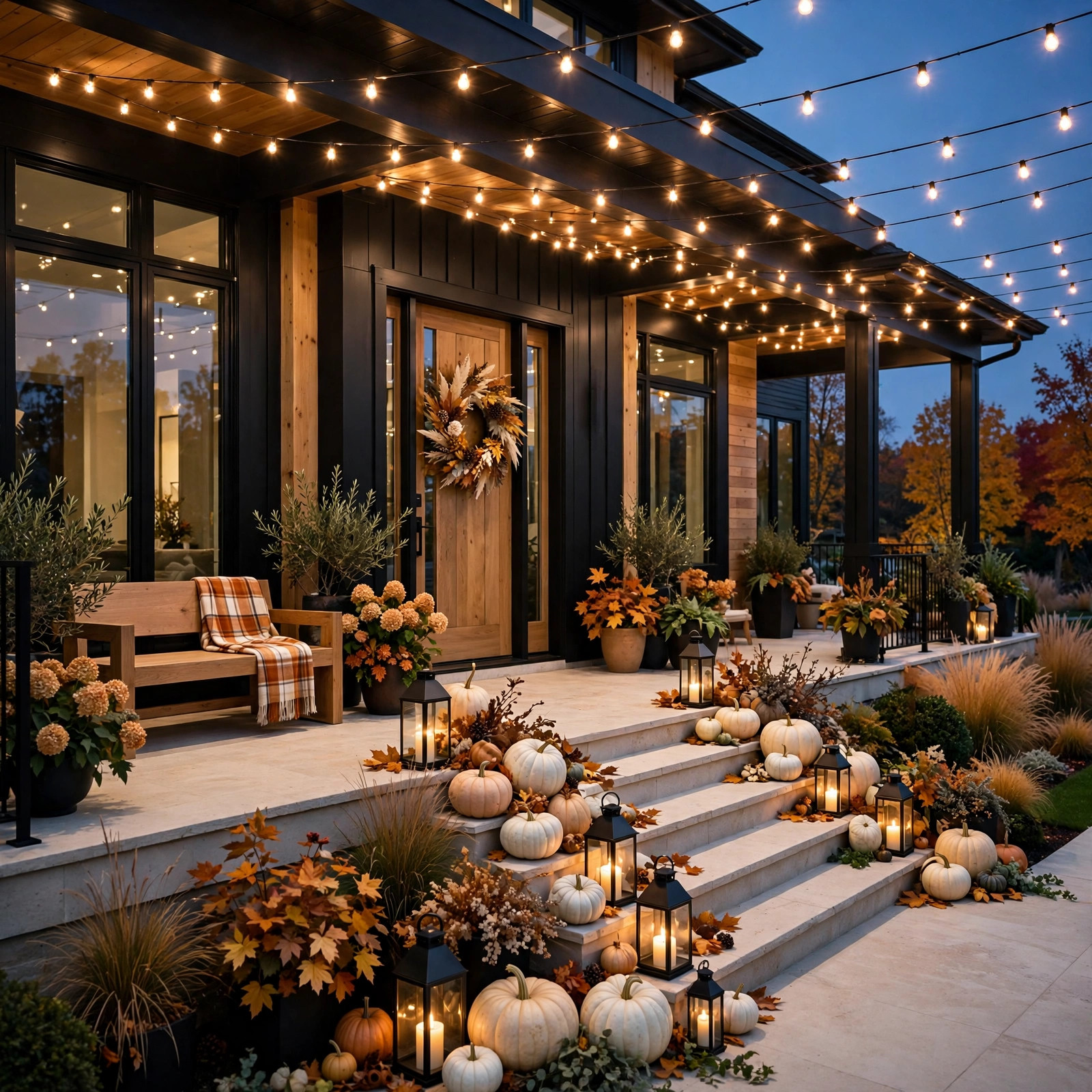 Warm string lights canopy over a fall porch at dusk