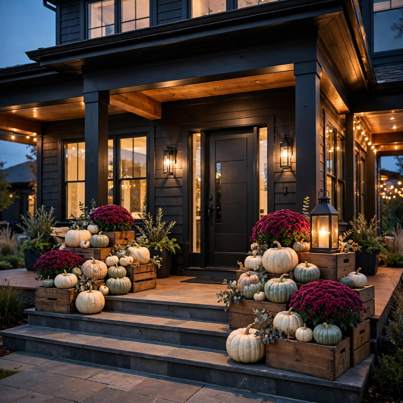 Wooden crates with pumpkins and mums on a porch