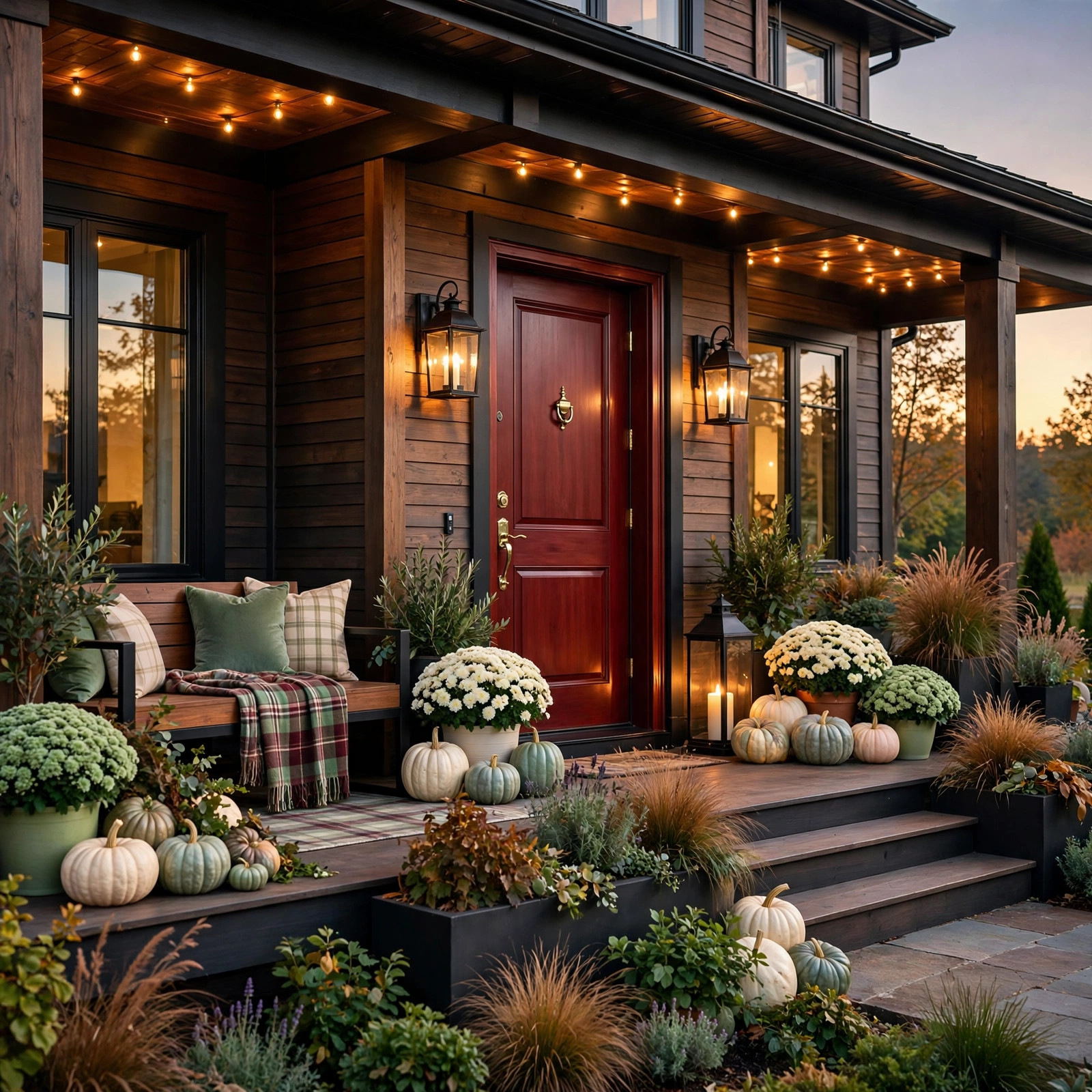 Oxblood front door with brass hardware and fall styling