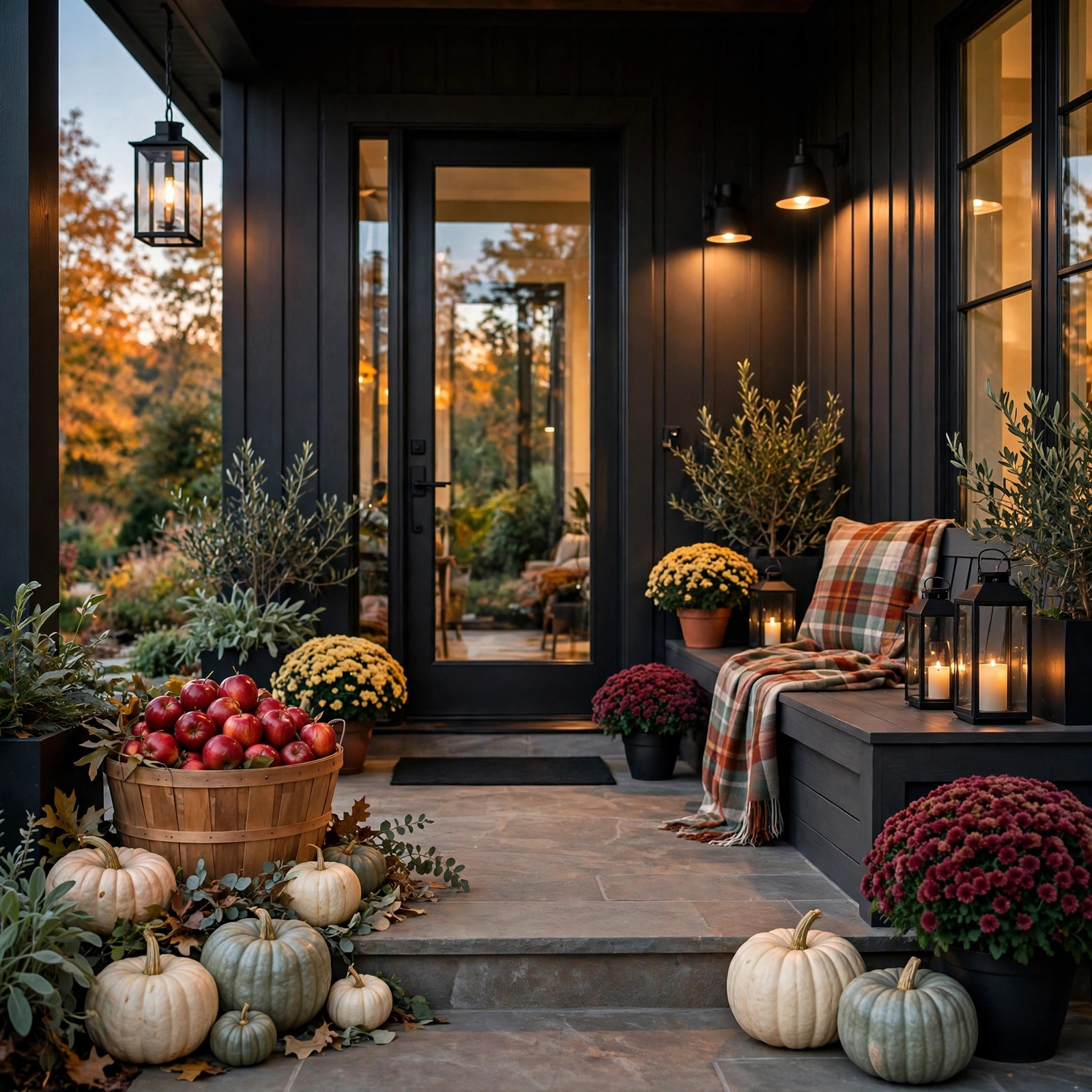 Bushel basket of red apples by a front door