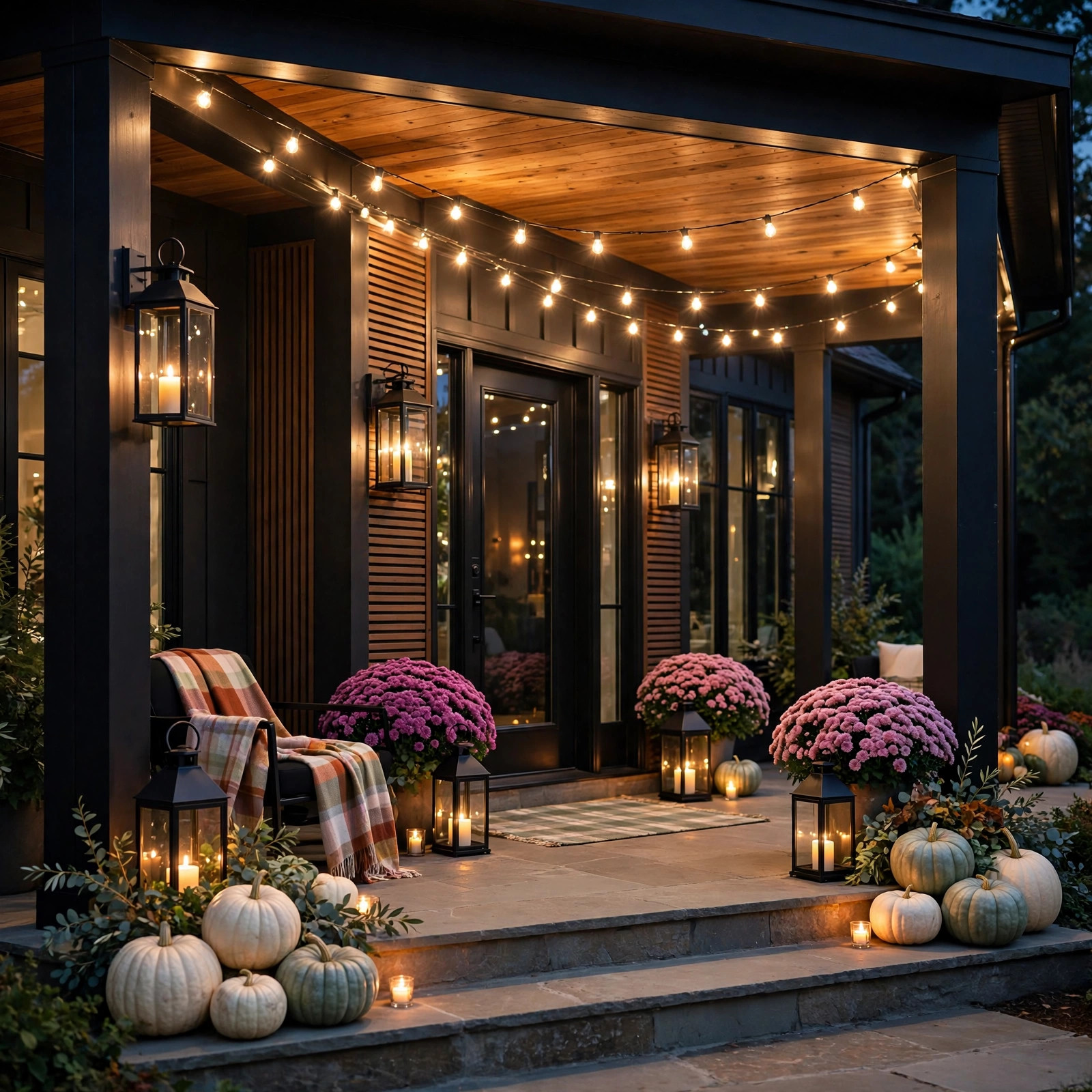 Layered warm lighting on a fall porch at night
