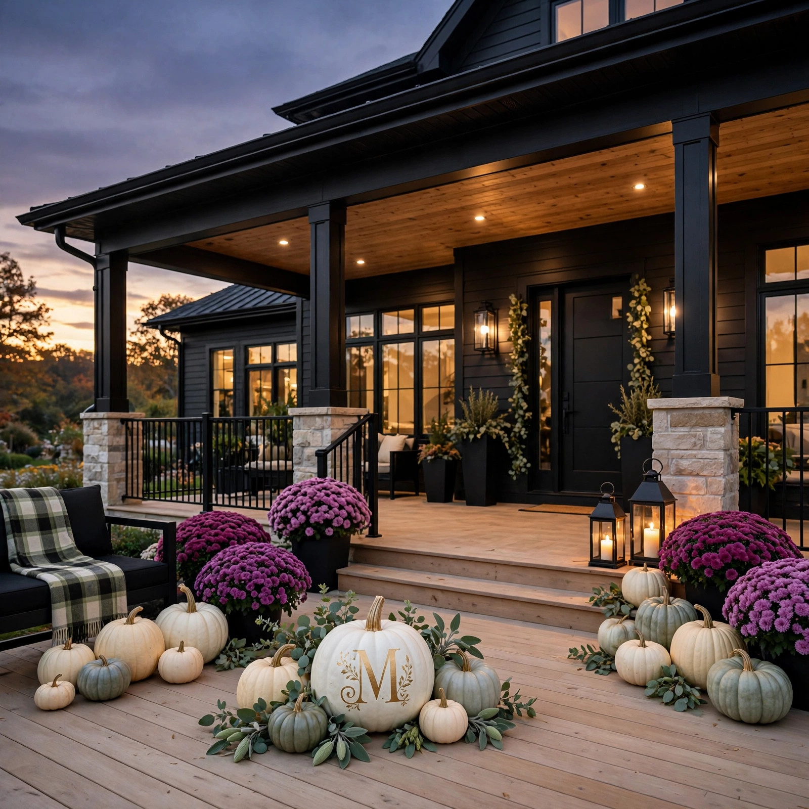 White pumpkin with gold monogram initial on a porch