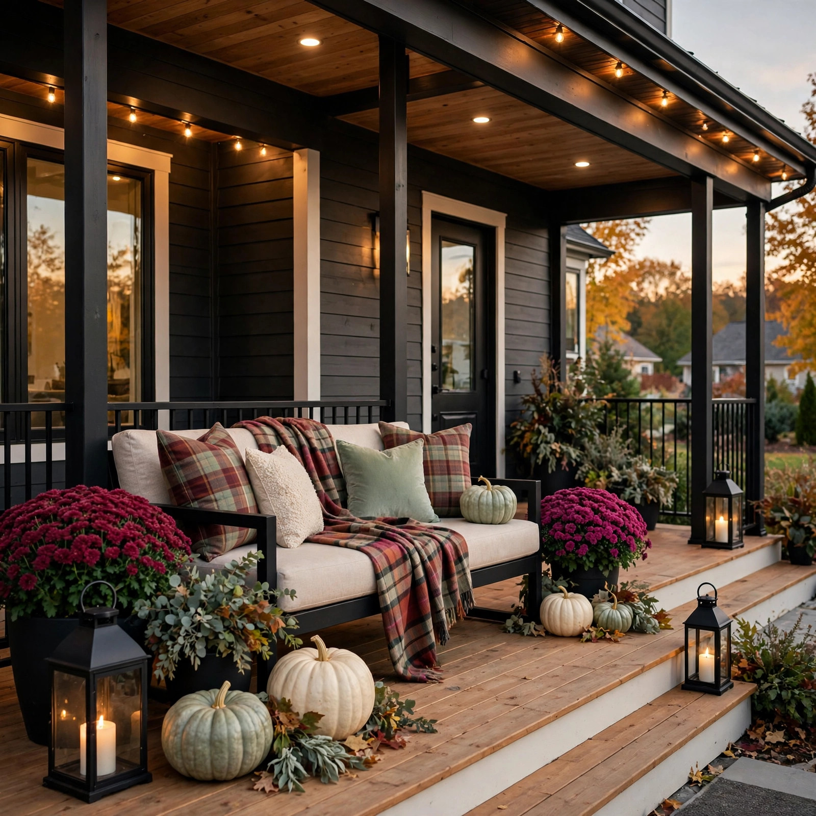 Porch bench styled with throw pillows and pumpkin