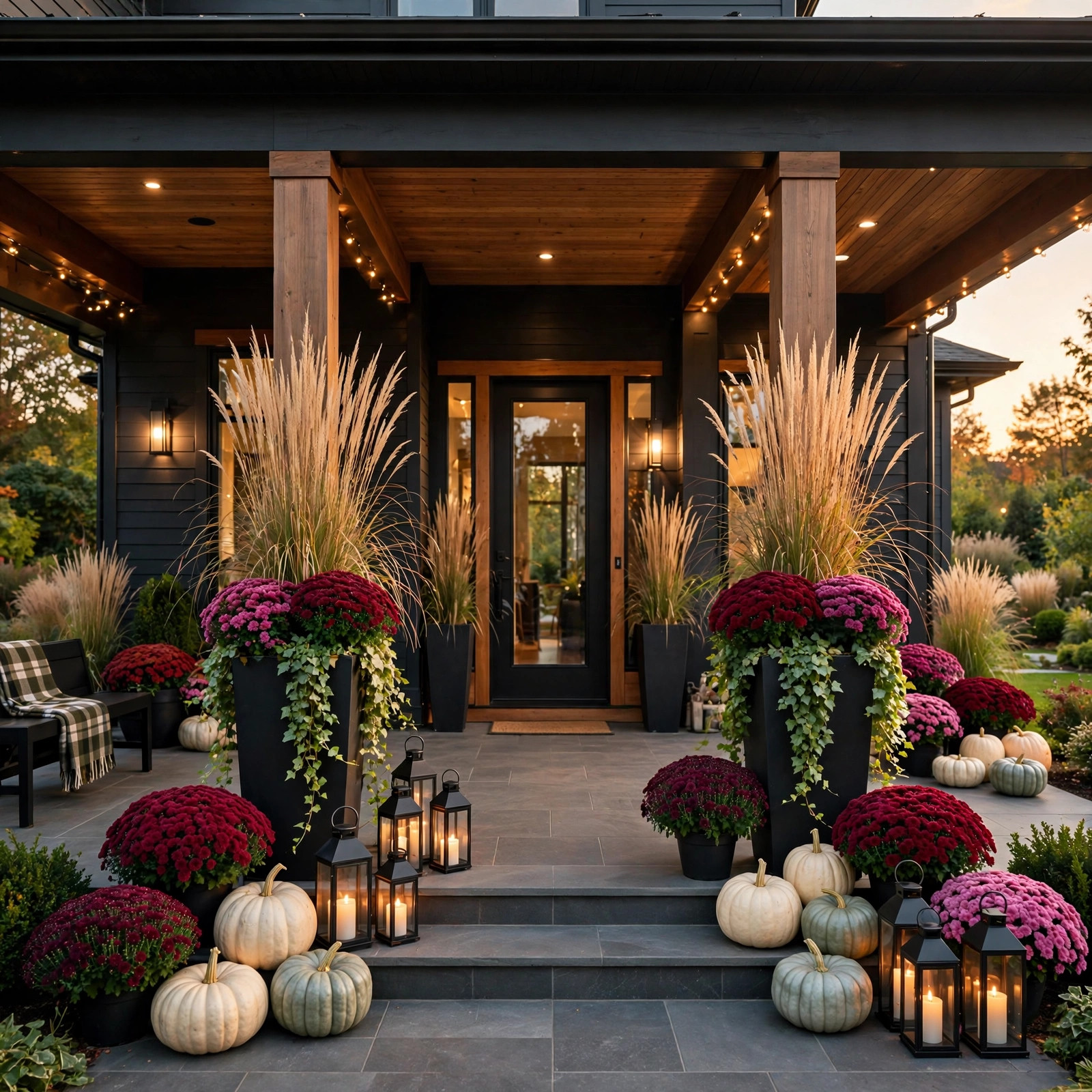 Tall planters with grasses and mums flanking a front door