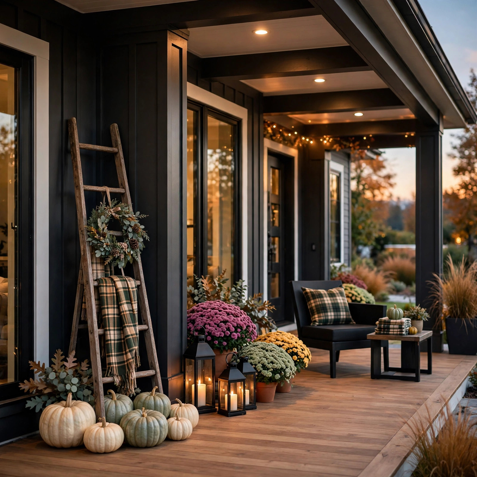 Vintage wooden ladder with plaid and wreath on a porch